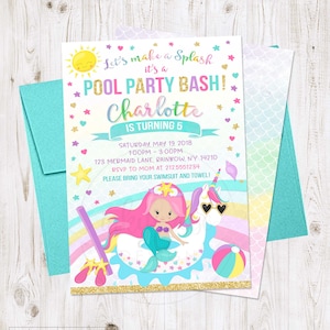 Unicorn Mermaid Pool Party Invitation PRINTABLE, Unicorn Mermaid Birthday, Pool Party Invite, Mermaid and Unicorn Invitation Rainbow Girl