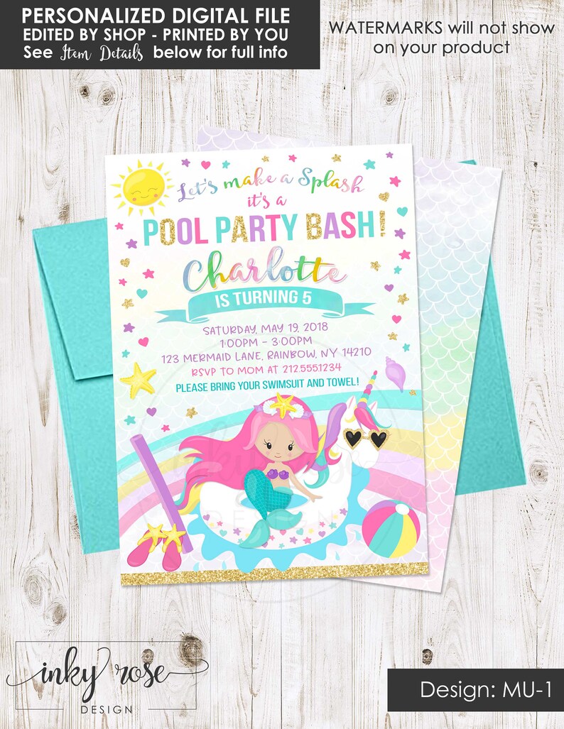 Unicorn Mermaid Pool Party Invitation Printable Unicorn Etsy