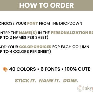 May include: A white graphic with instructions on how to order personalized items. The text includes steps to choose fonts, enter names, and select colors. The graphic also states "40 COLORS &bull; 6 FONTS &bull; 100% CUTE" and "STICK IT. NAME IT. DONE."