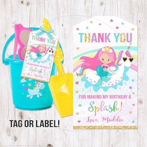 Einhorn Meerjungfrau Pool Party Danke Tags bedruckbar, Meerjungfrau Einhorn Favor Tags Aufkleber Etiketten, Geburtstagspartyzubehör Printables, Schwimmer