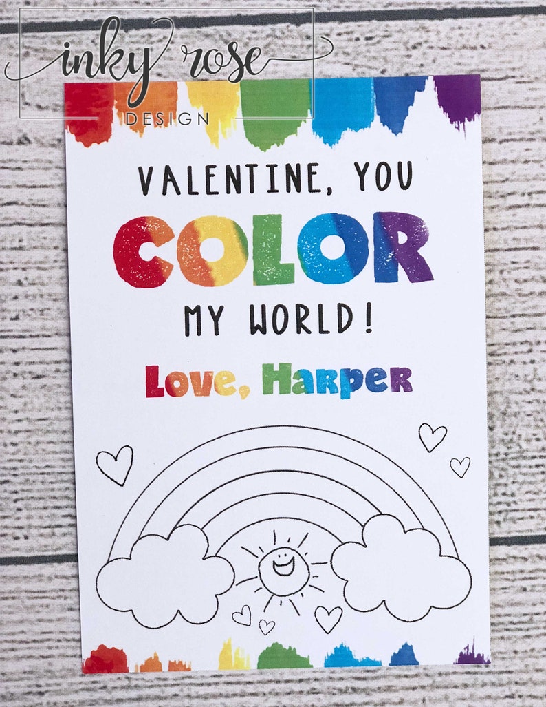 Kids Valentine Cards, PRINTED Color My World Valentines, Valentine's Card with Watercolor Paint, Non Candy Free School Class Preschool Art image 5