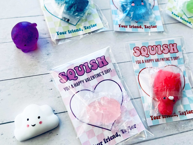 May include: A set of Valentine's Day gifts featuring colorful squishy toys in various shapes, including a heart, a cloud, a pig, and a unicorn. Each gift is packaged in a clear plastic bag with a pink and white card that reads "SQUISH YOU A HAPPY VALENTINE'S DAY!" and is signed "Your friend, Taylor."