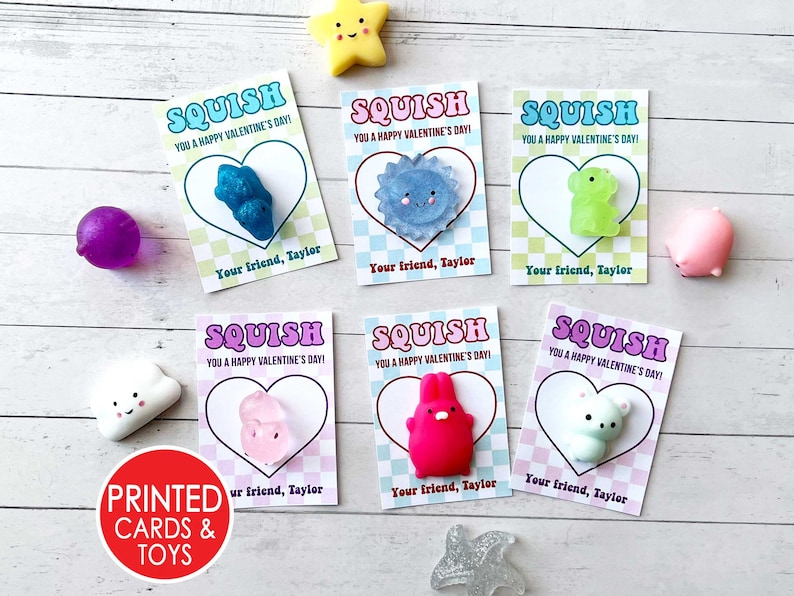 Kids Class Valentine Cards with fidget squishies  toys and cards with colorful checkered backgrounds with a heart in the center with the text "Squish you a Happy Valentine's Day!" and a personalized signature line with child's name