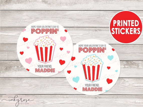 Popcorn Valentine Stickers, PRINTED Kids Valentine's Day Poppin Popcorn Bag Stickers for Kids, Treat Bag Labels, School Non Candy Free