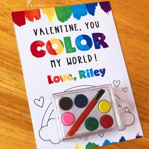 Kids Valentine Cards, PRINTED Color My World Valentines, Valentine's Card with Watercolor Paint, Non Candy Free School Class Preschool Art image 8