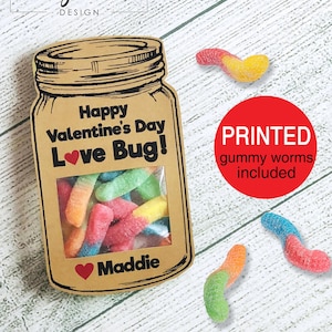 Classroom Valentines, Love Bug Valentine Cards for Kids, PRINTED Gummy Worm Candy Valentine's Day Card, Mason Jar, Boys School Class Teacher