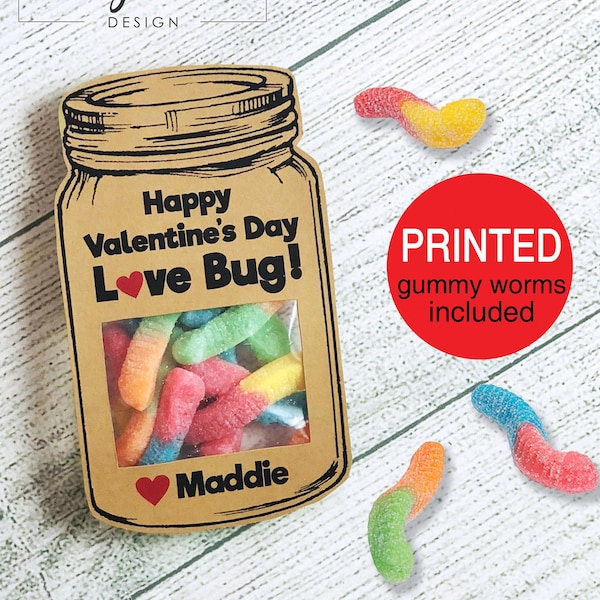 Classroom Valentines, Love Bug Valentine Cards for Kids, PRINTED Gummy Worm Candy Valentine's Day Card, Mason Jar, Boys School Class Teacher