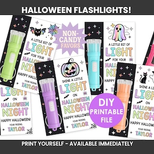 May include: A collection of Halloween-themed flashlights in various colors, including green, purple, and orange. Each flashlight is attached to a card with the text "Shine a little light on Halloween night." The cards feature Halloween graphics.