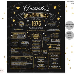 50th Birthday Poster Sign PRINTABLE, 50th Birthday Gift for Women Men Party Decorations, 1975Birthday Poster, Chalkboard Board Facts ideas