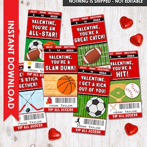 Sports Valentines Cards INSTANT DOWNLOAD, Personalized Kids Valentine's Day Card, PRINTABLE Ticket Valentine Classroom School for Boys Girls