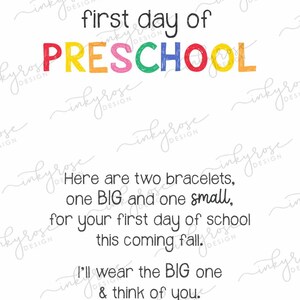 Pulsera del primer día de preescolar IMPRIMIBLE Descarga instantánea, Pre-K Regreso a la escuela Mamá y yo Corazón Arco iris Regalo a juego