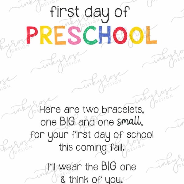 First Day of Preschool Bracelet PRINTABLE Instant Download, Pre-K Back to School Mommy and Me Heart Rainbow Matching Gift