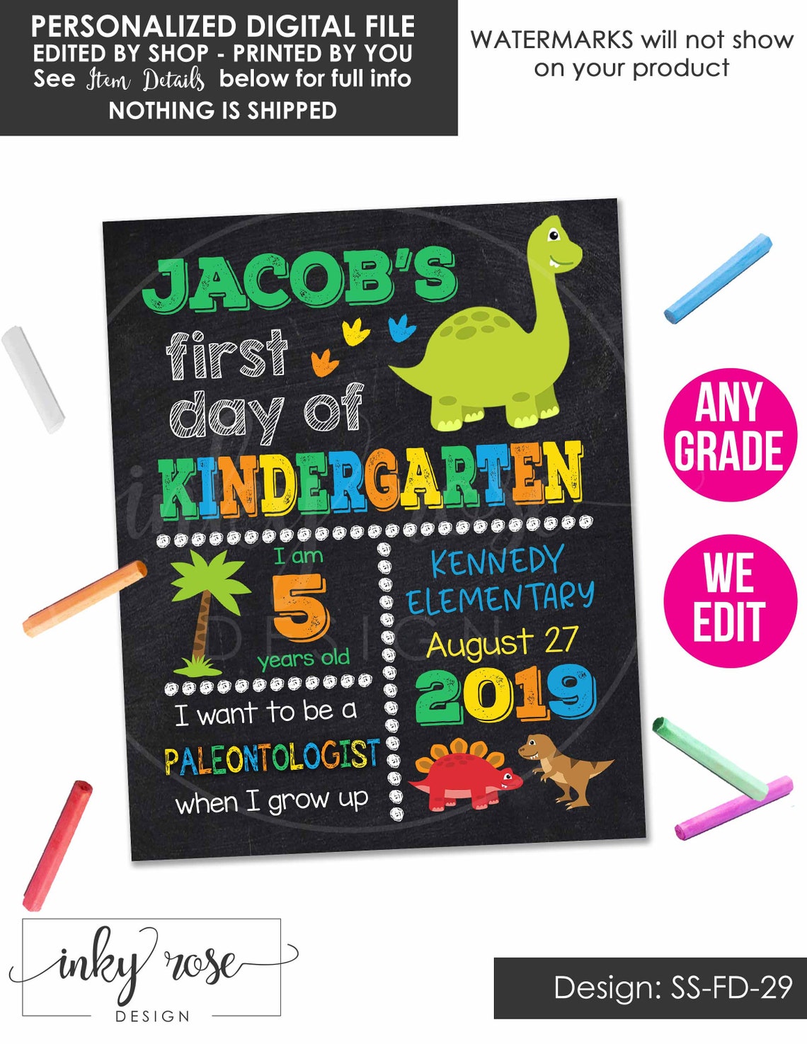Dinosaur First Day of School Chalkboard Sign PRINTABLE 1st | Etsy