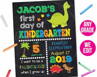 Dinosaur First Day of School Chalkboard Sign PRINTABLE, 1st Day of Kindergarten Sign Digital Poster, Boy Back to School Photo Prop Any Grade