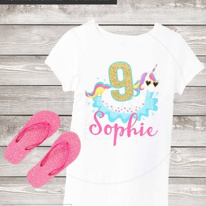Einhorn Pool Party Geburtstag Shirt Eisen-On druckbares Transferbild passt Einladung, Outfit T-Shirt Partybedarf Mädchen Sommer Strand Bash