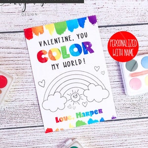 Valentine Cards for Kids PRINTABLE, Color My World Valentines, Valentine's Card for Watercolor Paint, Non Candy Free Class Classroom Teacher
