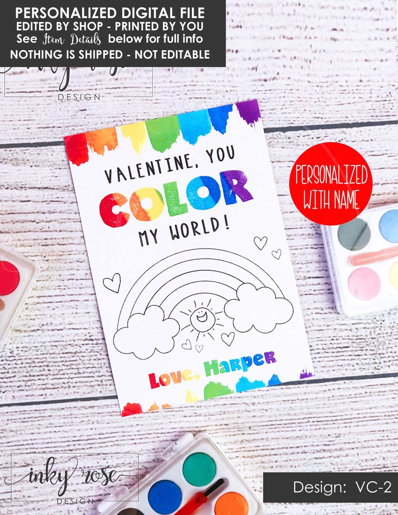 Valentine Cards for Kids PRINTABLE, Color My World Valentines, Valentine's Card for Watercolor Paint, Non Candy Free Class Classroom Teacher 