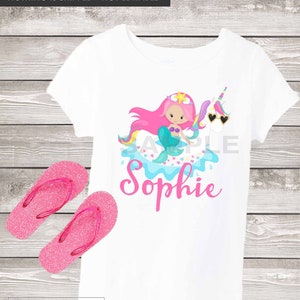 Meerjungfrau Einhorn Pool Party Geburtstag Shirt Bügelbild druckbares Transferbild passt Einladung, DIY Outfit T-Shirt Partybedarf Mädchen Sommer