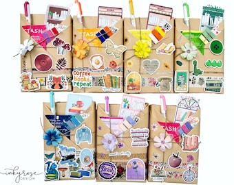 May include: Ten brown paper packages wrapped with twine and decorated with various stickers, including book stacks, flowers, and a coffee cup with the text "coffee books repeat".
