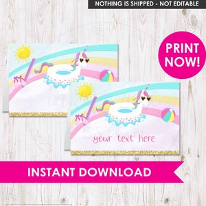 Tarjetas imprimibles para carpas de comida para fiestas de unicornio en la piscina, decoraciones para fiestas de unicornio en la piscina, etiquetas, suministros para fiestas de cumpleaños de verano, decoración para Splash Girl
