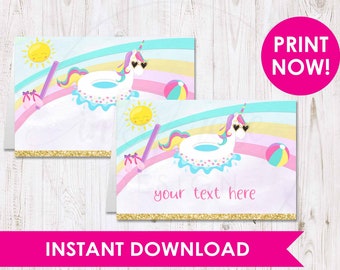 Cartões de barraca de comida para festa na piscina de unicórnio para impressão, decorações para festa na piscina de unicórnio, etiqueta de etiqueta, suprimentos para festa de aniversário de verão, decoração Splash Girl