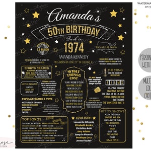 50th Birthday Party Decorations PRINTABLE Sign, 50th Birthday Gift for Women Men, 1975 Birthday Poster, Chalkboard Board Facts Ideas Decor