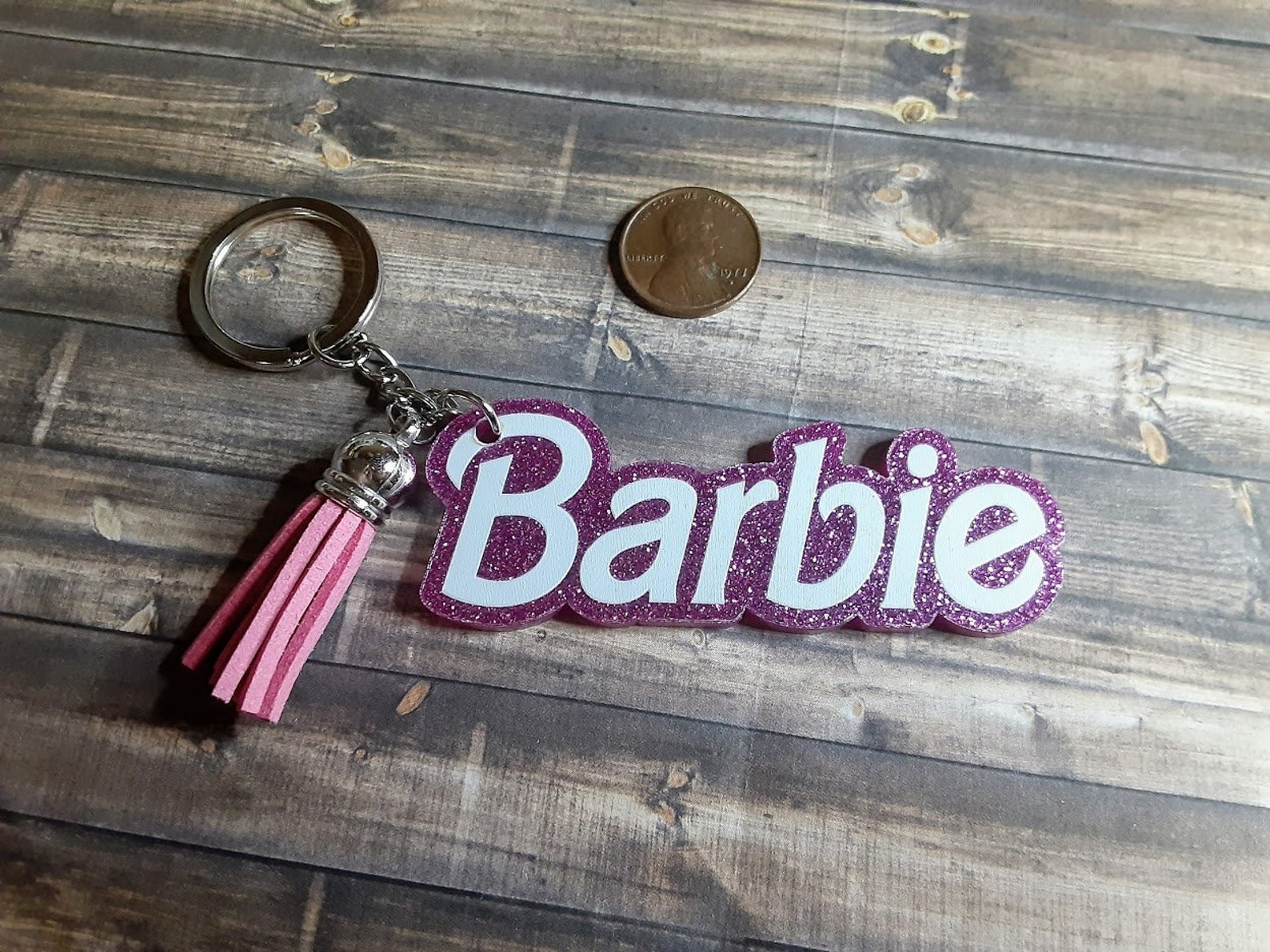 Glitter Acrylic Barbie Keychain With Pink Tassel Etsy