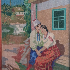 Ukraine, Ukrainian folklore, vintage linen thread collectible thing, big picture, size height 32inch wide 26inch, made by needlework, 1930s