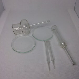 May include: A set of five clear glass laboratory tools, including a small beaker with a long spout, two pipettes, and two watch glasses.