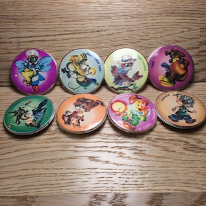 Cartoon characters, Children's badges, Set of 8, Animal, Fly, Dog, Hedgehog, Vintage collectible badge, 1970s.