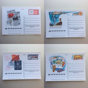 Cartoline vintage sovietiche il simbolo olimpico Misha comunismo dell'URSS Set di 4 carte realizzate in URSS Cartolina vintage rara inutilizzata degli anni '80