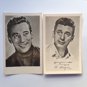 carte postale, Yves Montand, chanteur et artiste, célèbre Français, chanteur français, photo en noir et blanc, film d'après-guerre, années 50, URSS, lot de 2