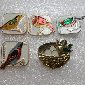 birds, vintage badges USSR, Set of 5, 1980s