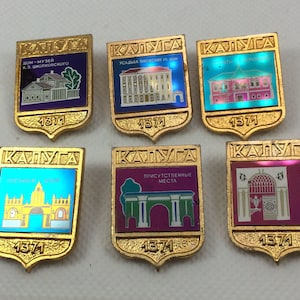 Vintage badges, secret city, large cities USSR, city of cosmonautics, set of 6, Kaluga 1980s