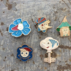 Vintage badge, Pinocchio, Set of 5, USSR 1980