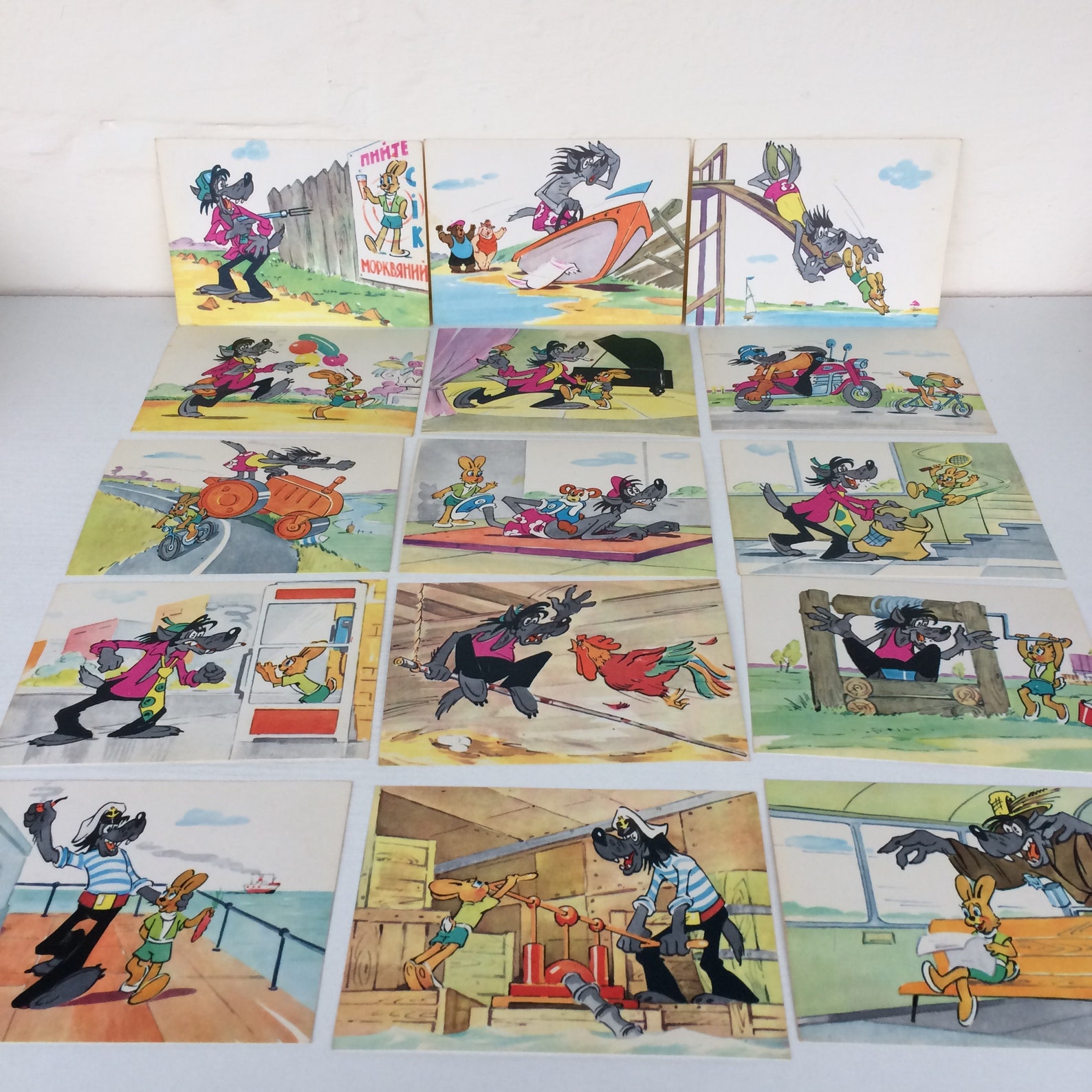 Soviet Postcard Set Of 15 Cards Wolf And Rabbit Soviet Tom Etsy