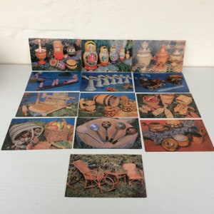 Cartolina sovietica, bambola nidificante, mobili in legno, cartolina postale Fantasy, set di cartoline 13 pezzi, figurine in legno, 1977