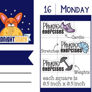 K&ouml;nnte beinhalten: Eine blaue und wei&szlig;e Planerseite mit dem Wort "MONDAY" in schwarzer Schrift. Die Seite ist in Quadrate unterteilt, die jeweils 1,27 cm x 1,27 cm gro&szlig; sind. Auf der Seite befinden sich drei Aufkleber, die jeweils den Text "Physio exercises" in schwarzer Schrift tragen. Die Aufkleber zeigen einen Laufschuh, eine Lotusblume und eine Hantel.