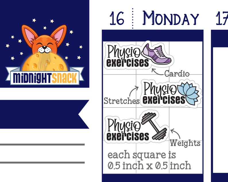K&ouml;nnte beinhalten: Eine blaue und wei&szlig;e Planerseite mit dem Wort "MONDAY" in schwarzer Schrift. Die Seite ist in Quadrate unterteilt, die jeweils 1,27 cm x 1,27 cm gro&szlig; sind. Auf der Seite befinden sich drei Aufkleber, die jeweils den Text "Physio exercises" in schwarzer Schrift tragen. Die Aufkleber zeigen einen Laufschuh, eine Lotusblume und eine Hantel.