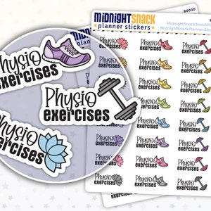 K&ouml;nnte beinhalten: Ein Set mit 12 bunten Planer-Stickern mit dem Text "Physio exercises" und verschiedenen Symbolen, darunter eine Hantel, eine Lotusblume und ein Laufschuh.