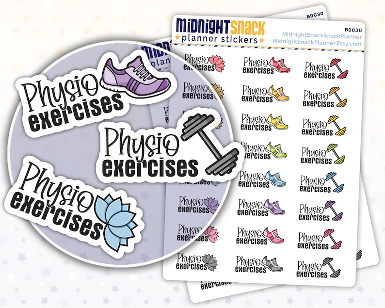 K&ouml;nnte beinhalten: Ein Set mit 12 bunten Planer-Stickern mit dem Text "Physio exercises" und verschiedenen Symbolen, darunter eine Hantel, eine Lotusblume und ein Laufschuh.