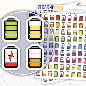 May include: A sheet of colourful battery themed planner stickers. The stickers feature different levels of battery charge, including full, half, and low. There are also stickers with a lightning bolt to represent charging. The stickers are perfect for adding a touch of fun and organisation to your planner.