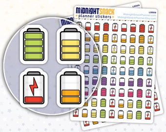 May include: A sheet of colorful battery themed planner stickers. The stickers feature different levels of battery charge, including full, half, and low. There are also stickers with a lightning bolt to represent charging. The stickers are perfect for adding a touch of fun and organization to your planner.