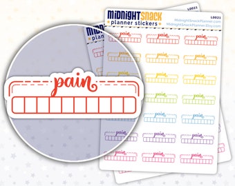 May include: A sheet of colourful planner stickers with the word "pain" written in cursive. The stickers are designed to be used in a planner or journal to track pain levels.