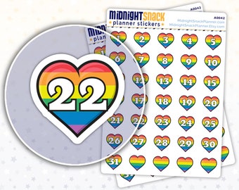 Rainbow Pride Heart Countdown Planner Stickers | LGBTQ+ Monthly Numbers Icon Stickers | Pride Month Date Covers