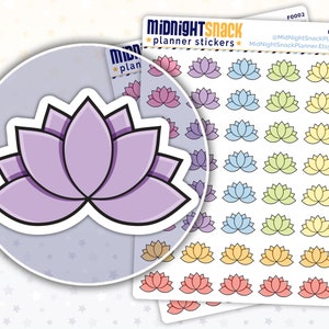 May include: A sheet of planner stickers featuring a purple lotus flower design. The stickers are arranged in a grid pattern and come in a variety of pastel colours, including pink, blue, yellow, and green. The sheet is labelled "MidnightSnack Planner Stickers" and includes the social media handle "@MidnightSnackPlanner".