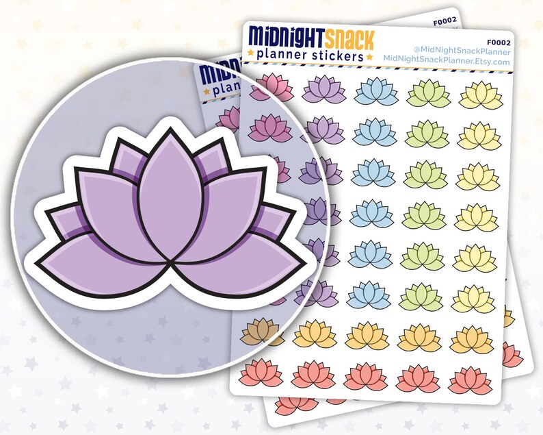 May include: A sheet of planner stickers featuring a purple lotus flower design. The stickers are arranged in a grid pattern and come in a variety of pastel colours, including pink, blue, yellow, and green. The sheet is labelled "MidnightSnack Planner Stickers" and includes the social media handle "@MidnightSnackPlanner".