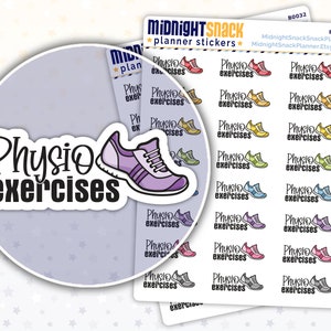 K&ouml;nnte beinhalten: Ein Blatt mit bunten Planer-Stickern, die ein Laufschuh mit dem Text "Physio exercises" zeigen, der mehrmals wiederholt wird. Die Sticker sind f&uuml;r die Verwendung in einem Planer oder Tagebuch gedacht.