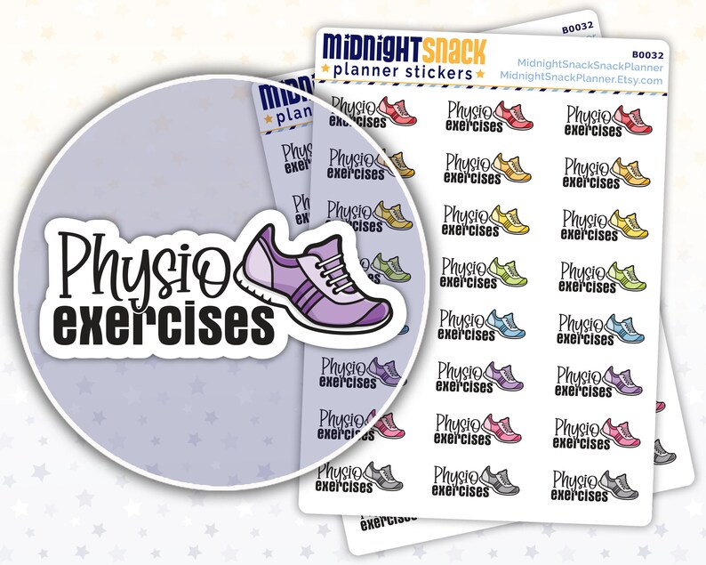 K&ouml;nnte beinhalten: Ein Blatt mit bunten Planer-Stickern, die ein Laufschuh mit dem Text "Physio exercises" zeigen, der mehrmals wiederholt wird. Die Sticker sind f&uuml;r die Verwendung in einem Planer oder Tagebuch gedacht.