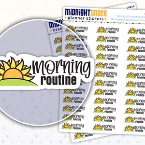 May include: A sheet of planner stickers with a yellow sun rising over a green hill. The stickers say "Morning Routine" in black text. There are 36 stickers in total.